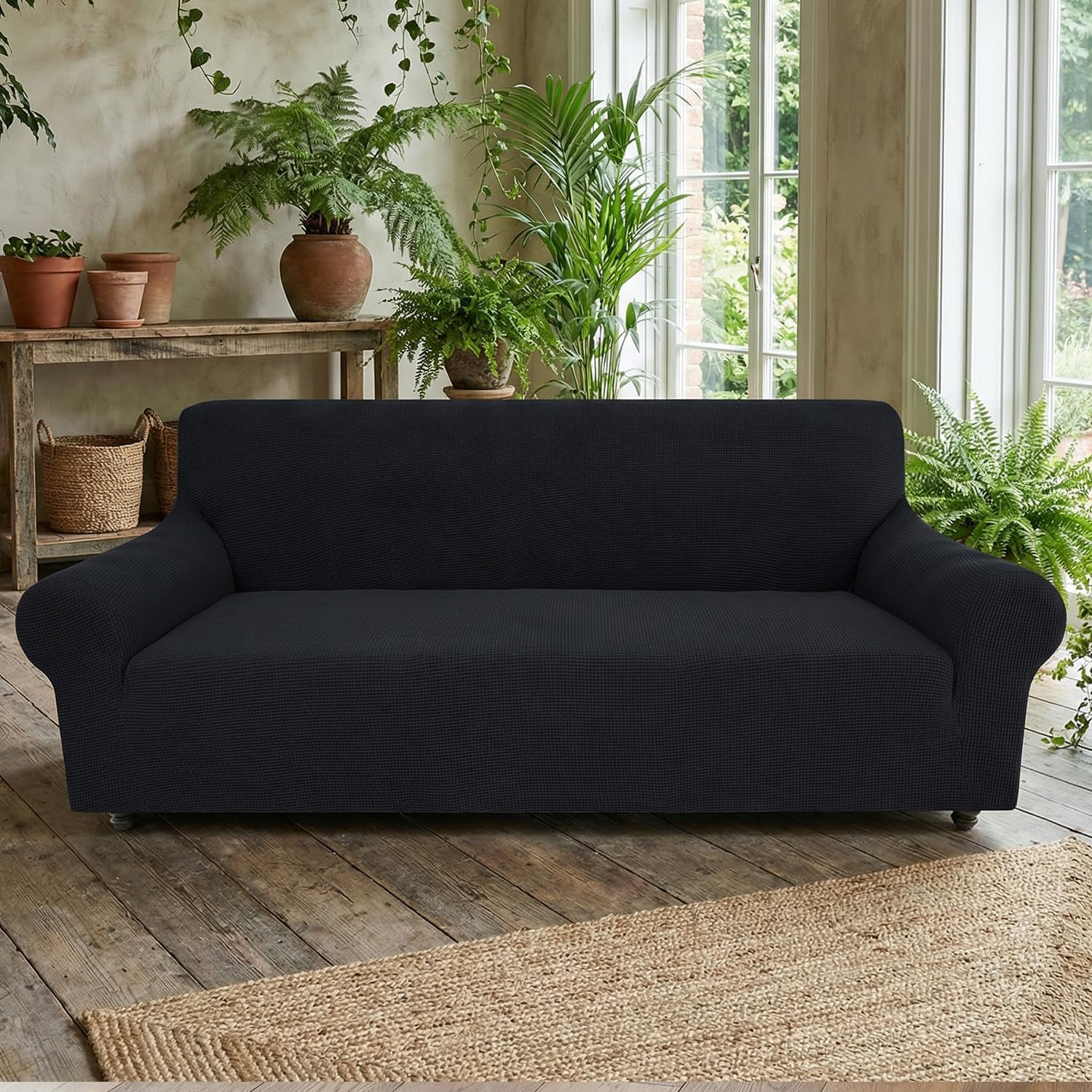 Stretch Sofa Slipcover for 3 Cushion Couch, Washable Pet Friendly Furniture Protector with Non Slip Elastic Bottom for Dogs,Kids,Jacquard Fabric Small Checks (Large,Black)