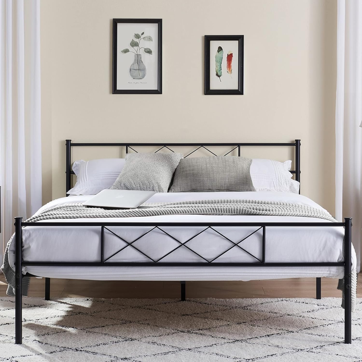VECELO Metal Platform Bed Frame Mattress Foundation with Headboard & Footboard/Firm Support & Easy Set up Structure, Queen, Black : Home & Kitchen