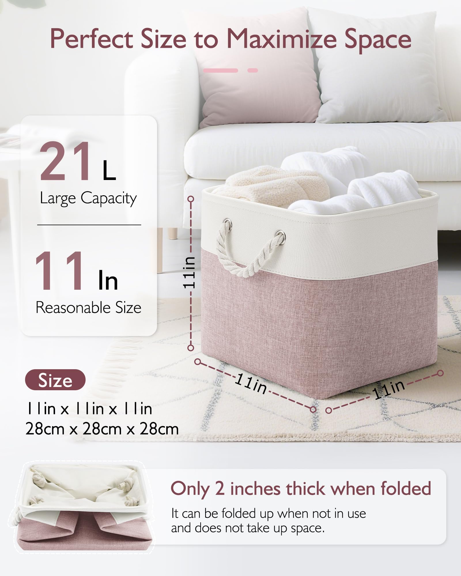 Patvingot Contenitori cubici pieghevoli in tessuto, con manici in corda, per organizzare camera da letto, soggiorno, vestiti e giocattoli, scaffali e armadi, 28 x 28 cm, 4 pezzi (bianco e rosa)