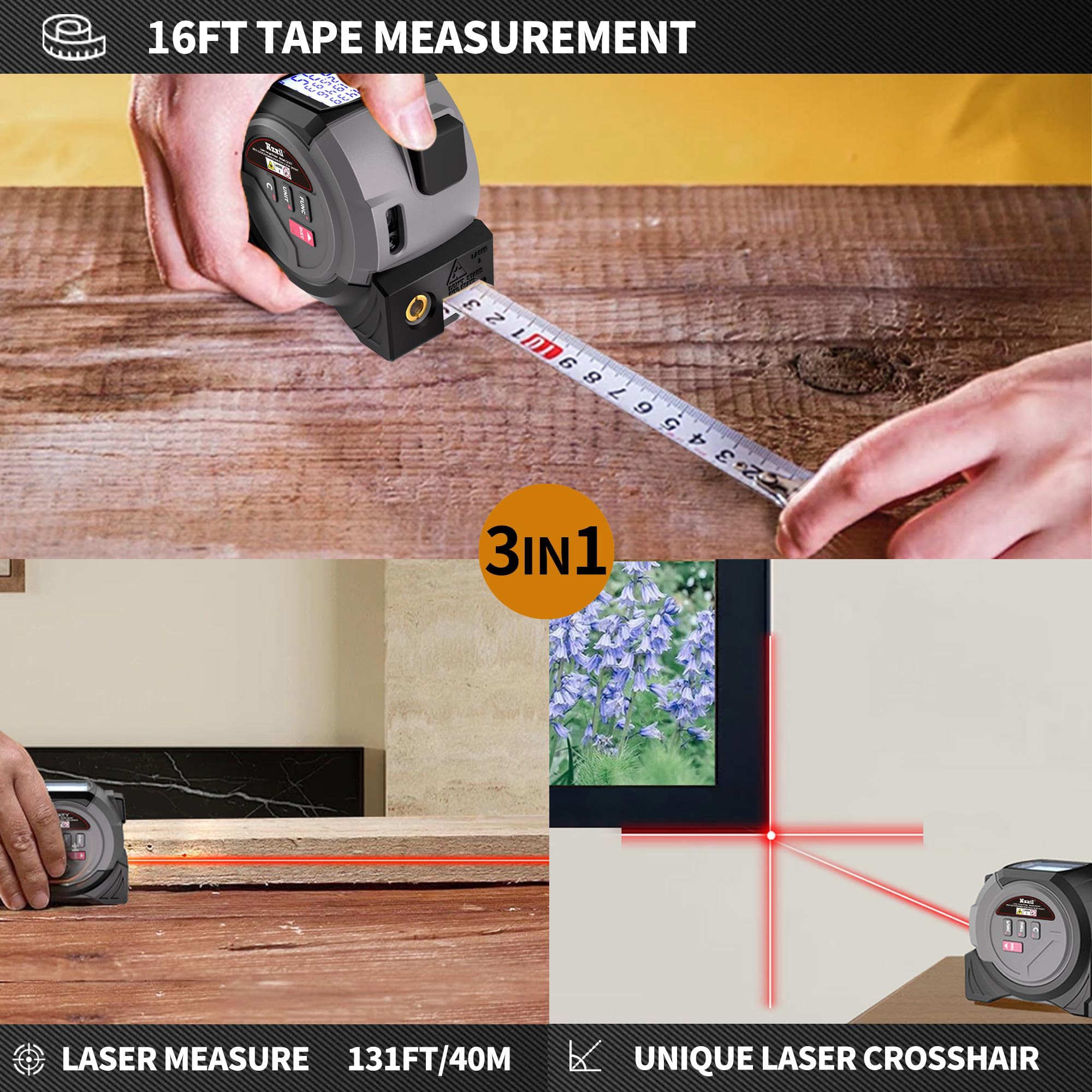 Mètre ruban laser 3 en 1 avec télémètre laser de 41,1 m et 4,9 m pour Pythagoricien, zone, volum, conversion multi-unités (Ft/Ft+in/in)