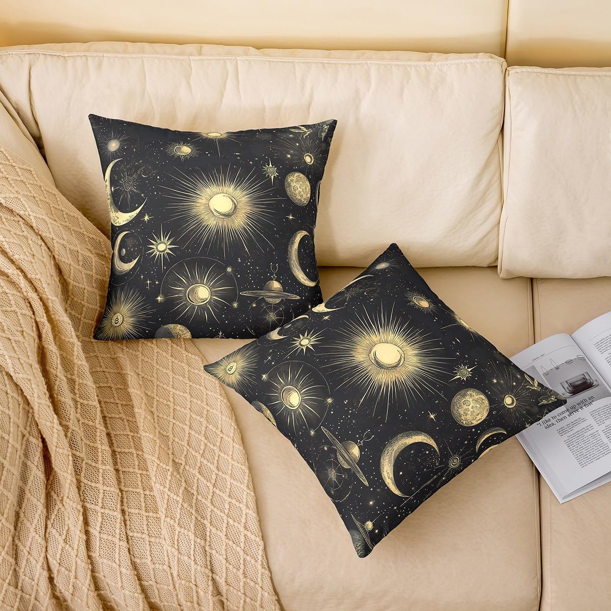 Feelyou Sun Moon Throw Pillow Cover 24"x24" Soft Boho Exotic Pillow Case Cushion Cover for Living Room Bedroom Solar System Galaxy Astrology Space Decorative Throw Pillowcase for Sofa Couch Chair