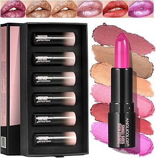 Anglicolor 6-Piece Mini Glitter Lipstick Set,High Pigmented,Lightweight Smooth Moisturizing Formula,Glossy Shine,Travel Si...