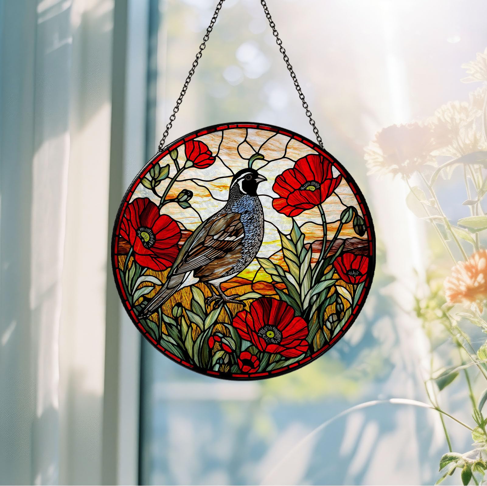 Atrapasueños de California con rama de amapolas, vitrales colgantes para ventana, atrapasueños para mujeres, hechos a mano, decoración para colgar ventanas de jardín, hogar, 7.87 pulgadas
