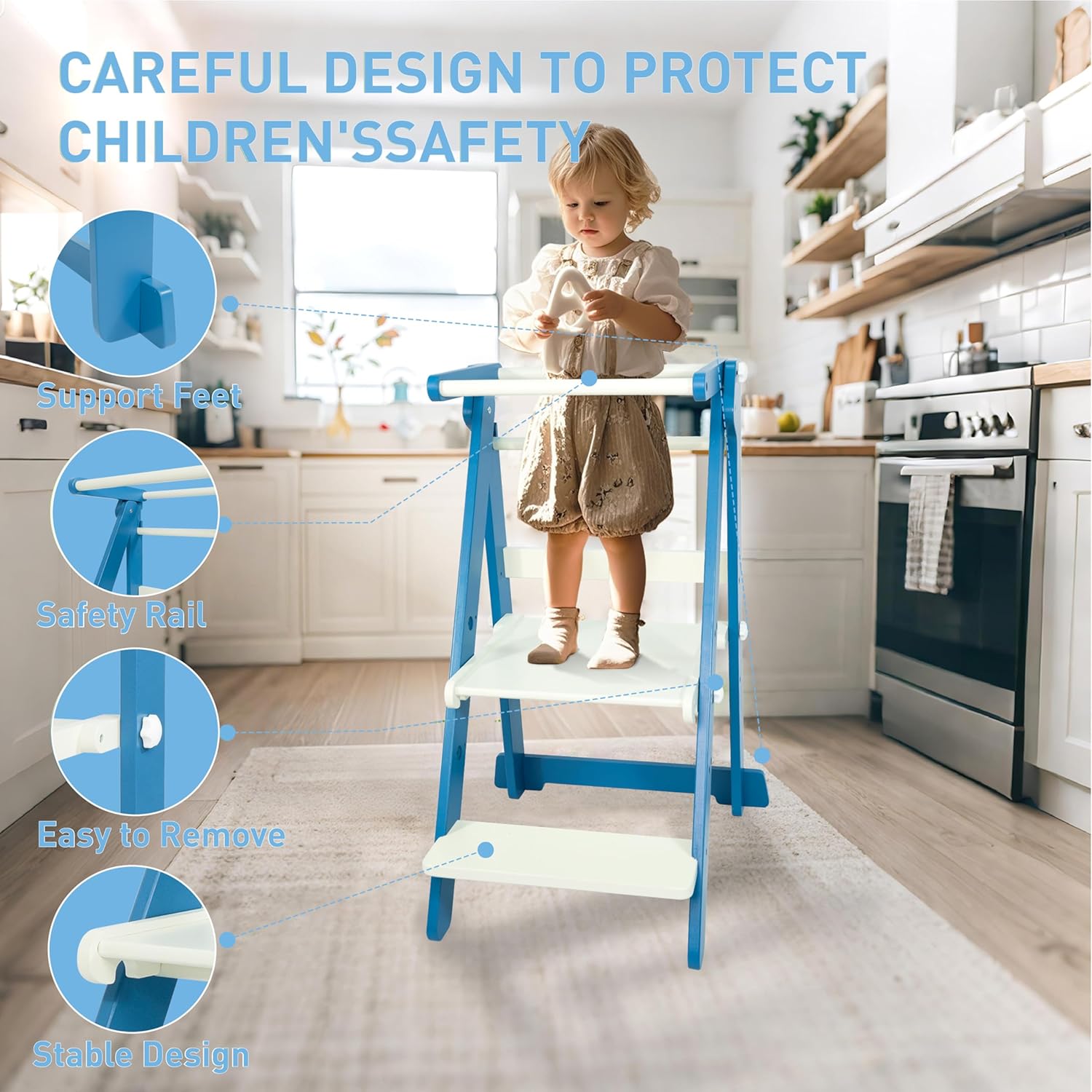 Foldable Toddler Learning Standing Tower, WOOD CITY Montessori Kitchen Step Stool Helper with 3 Adjustable Heights Learning Kitchen Tower for Counter and Bathroom Sink (White-Sky Blue)