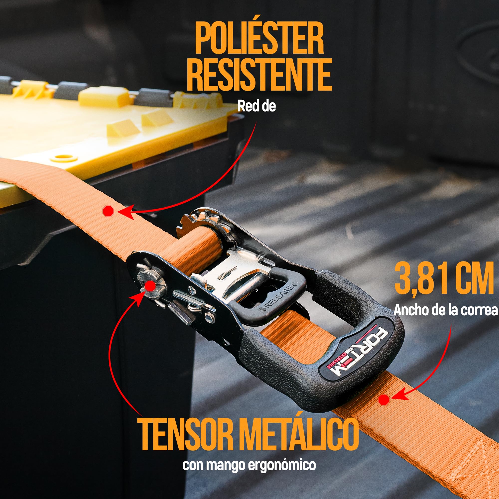 FORTEM Correas De Trinquete, Resistencia 2362kg, 4 Unidades De 3,04m, 4 Lazos Suaves, Mangos Metálicos con Goma, Ganchos con Capa Plástica, Bolsa De Transporte