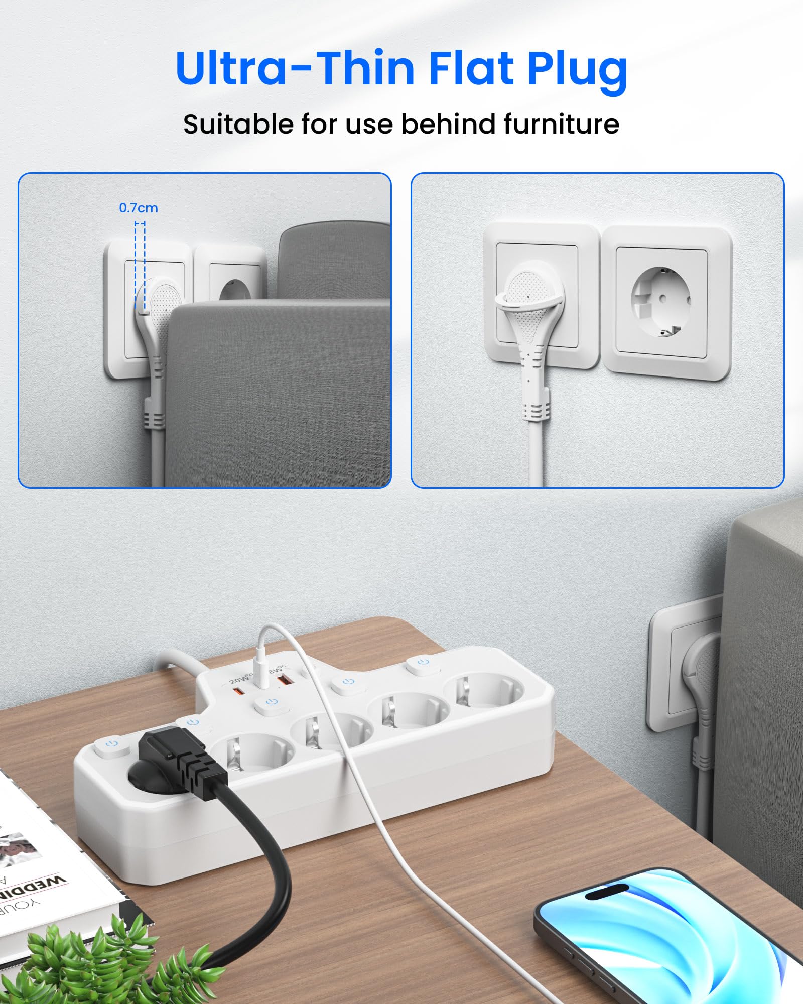 Regleta Enchufe Plano,PD20W Regleta 5 Enchufes con USB C,Ladron Enchufes con Interruptor,Enchufe Multiple Pared Extraplano,5 Tomas Proteccion Sobretension Alargador 2M Cable para Hogar Oficina,Blanco