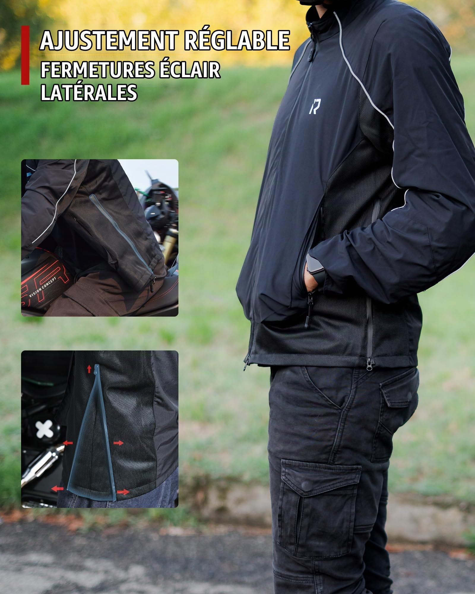 RIDEIRON Blouson Moto Homme Été – Veste Moto Homme Homologué CE avec Protections, Tissu Mesh Respirant & Bandes Réfléchissantes – Veste de Moto Confortable pour Biker