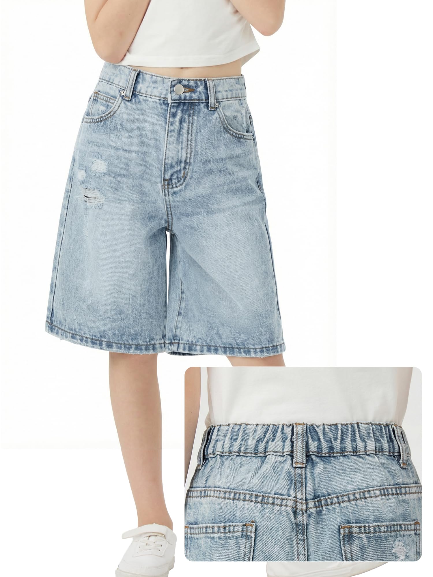 Girls Elastic Waist Ripped Knee Length Bermuda Shorts
