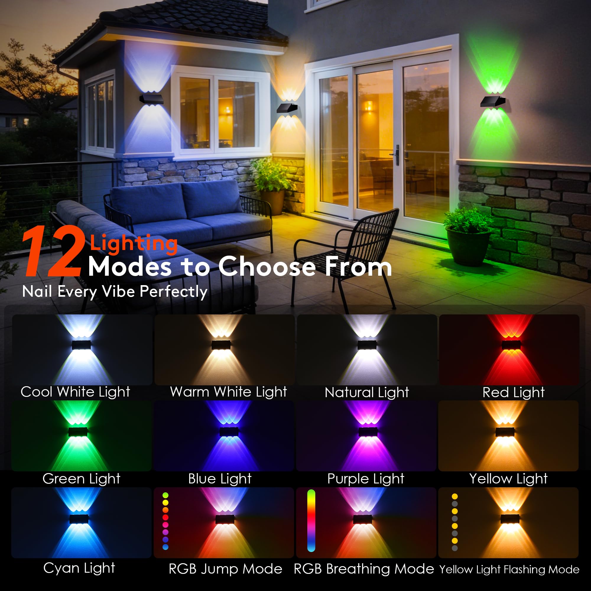 Quntis Solar Wandleuchte Außen 8er Set Up & Down 12 Lichtmodi Warmweiß RGB | 6 LEDs Solarleuchten IP44 Wasserdicht Solar Zaunbeleuchtung Solarlampen für Garten Balkon Terrasse Zaun Hof Mauer Treppe