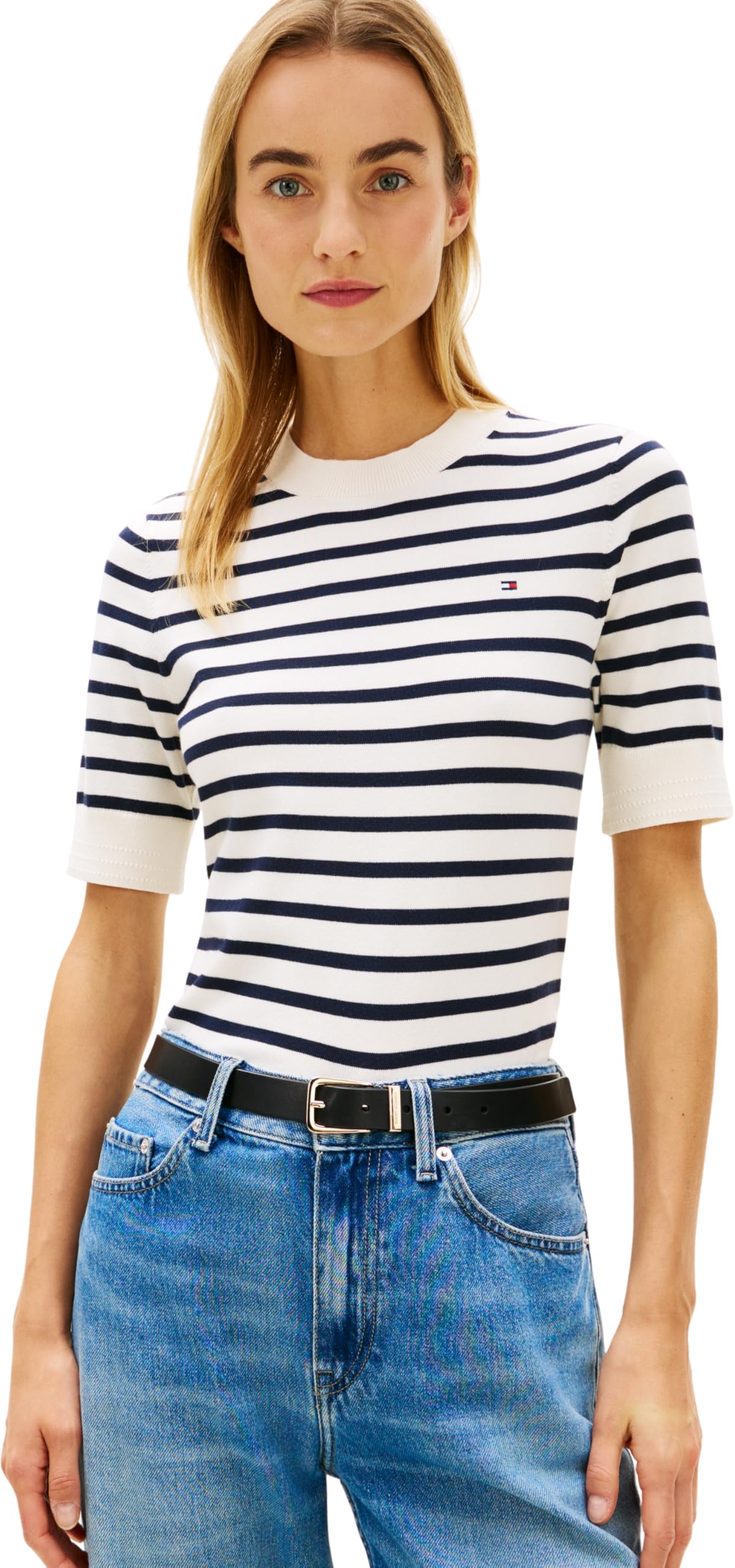 Tommy Hilfiger Striped Short Sleeve Crew Neck Jumper Women's Navy Small