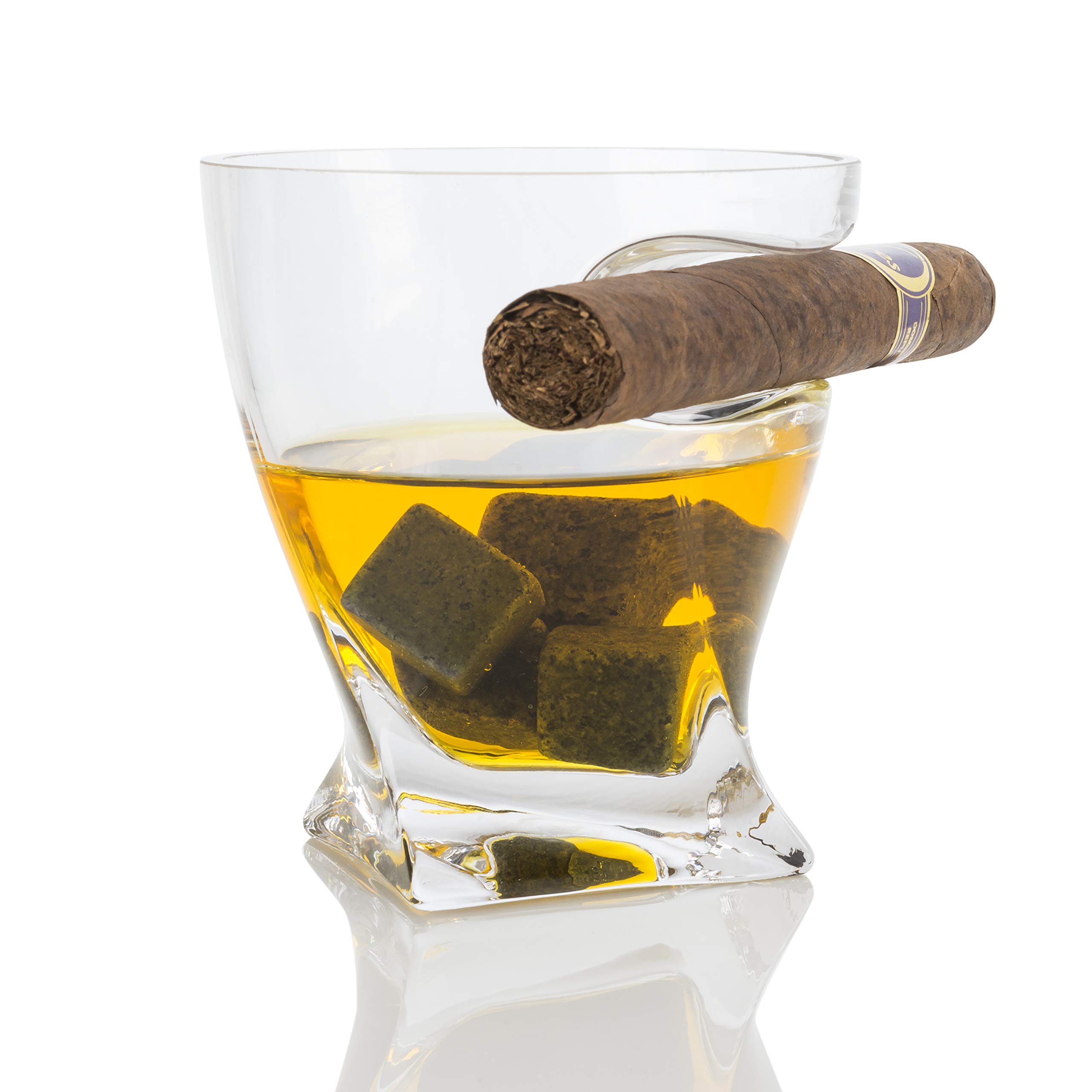 Vasos de cigarro de whisky con soporte para puros montado lateral, 10 onzas + piedras enfriadoras de whisky y accesorios en caja de madera, juego de bourbon escocés para papá, marido, día del padre, 5