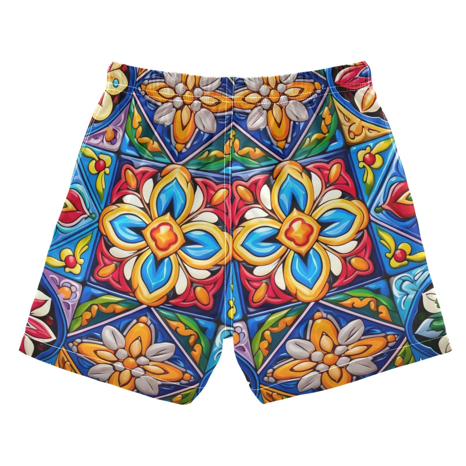 FLildon Mexican Ceramic Tile Little Boys Swim Trunks with Mesh Lining Quick Dry Beach Board Shorts, 3T