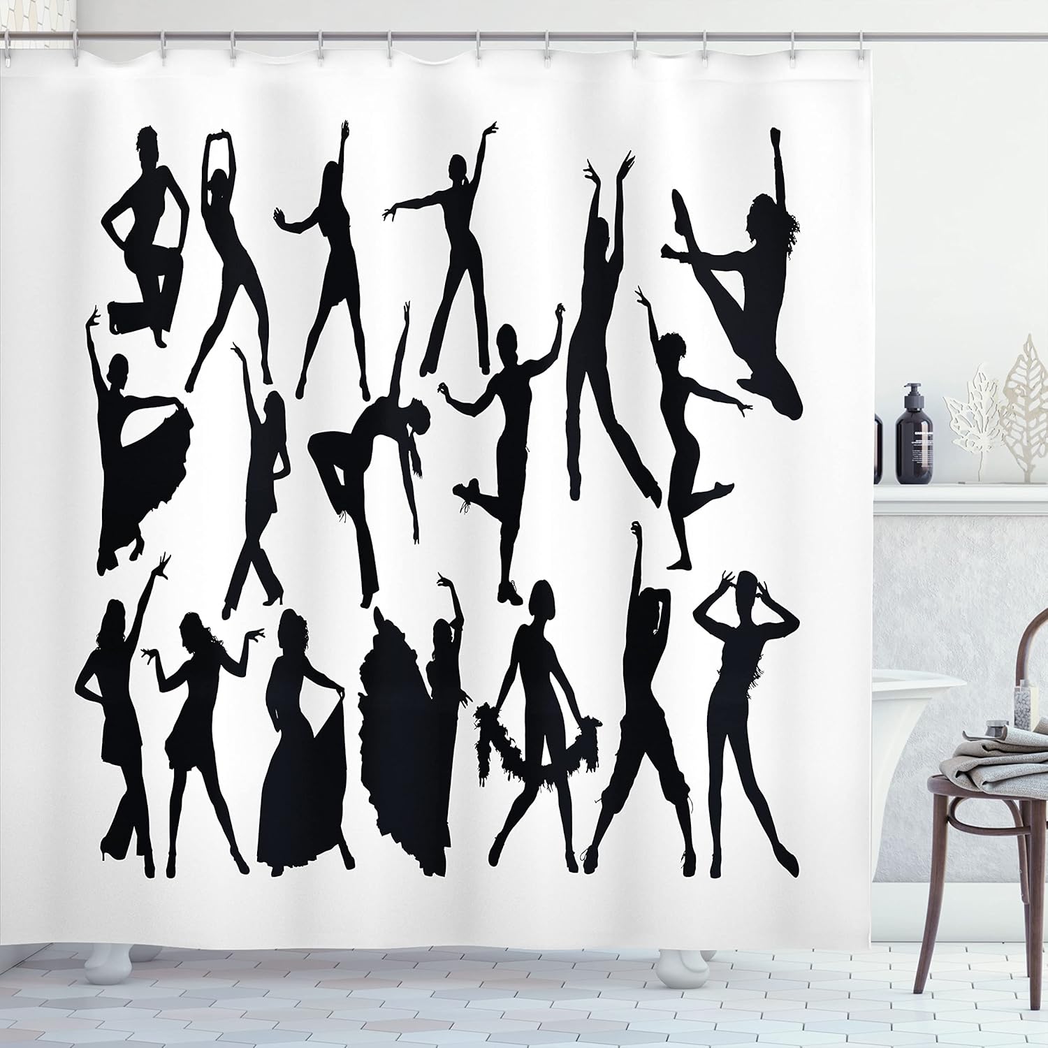 Ambesonne Black and White Shower Curtain, Dancers Silhouette Modern Latin Hip Hop Tango Jazz Ballroom Salsa, Cloth Fabric Bathroom Decor Set with Hooks, 69" W x 84" L, Black and White