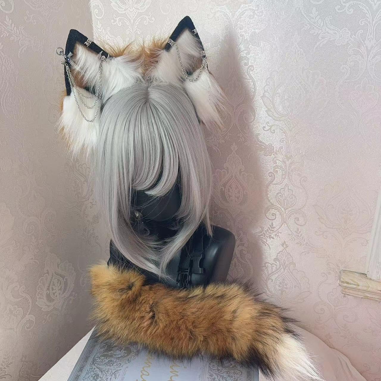 Ekwikzz Wolf Ears Tail Set Fox Wolf Headbands Clips Fluffy Cosplay Costumes, Gothic Punk Accessories for Halloween: Si Sword Wh Bw