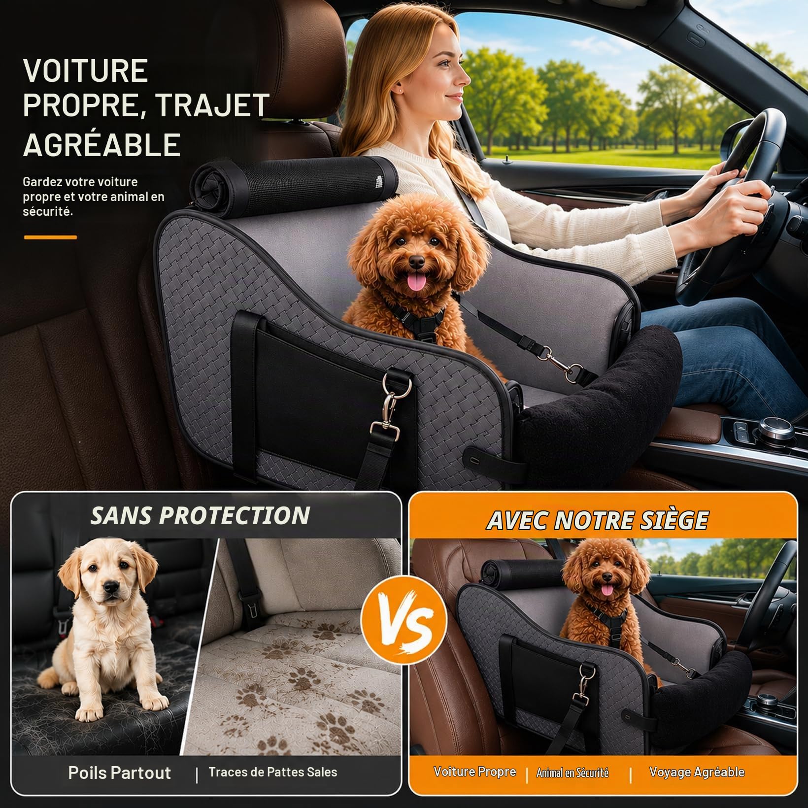 Siège auto pour petits chiens et chats, console centrale pliable, siège pour animal domestique avec double fixation et ceinture de sécurité, poches latérales max 7 kg, convient à 99 % des accoudoirs