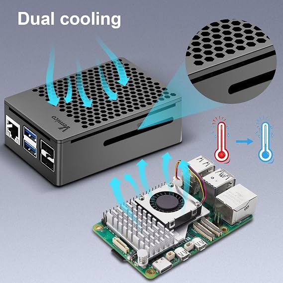 مجموعة أدوات بدء تشغيل Vemico Raspberry Pi 5 بسعة 16 جيجابايت مع لوحة واحدة Pi 5 بسعة 16 جيجابايت، ومصدر طاقة GaN بقدرة 27 وات، ومبرد نشط، وبطاقة SD بسعة 64 جيجابايت، وعلبة ABS، وقارئ بطاقات، وكابلات إخراج Micro HD بدقة 4K