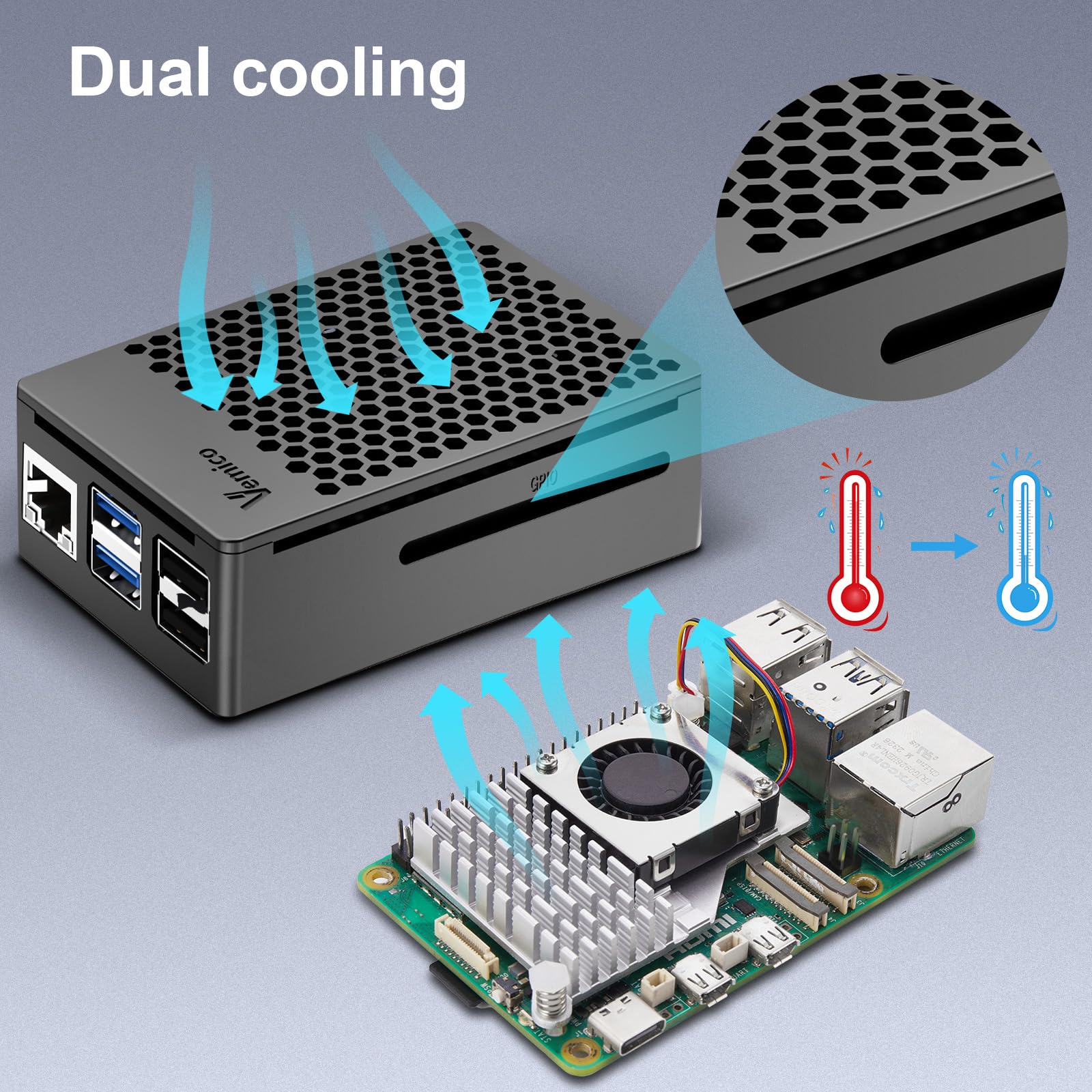 Vemico Raspberry Pi 5 16GB Kit con Pi 5 16GB scheda singola, dispositivo di raffreddamento attivo, custodia protettiva, scheda di garanzia e cacciavite