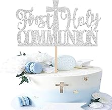 Xsstarmi 1 Pack First Holy Communion Cake Topper Glitter Silver Cross God Bless Cake Pick for Religious Christian Baptism Baby Shower Birthday Party Cake Decorations Supplies