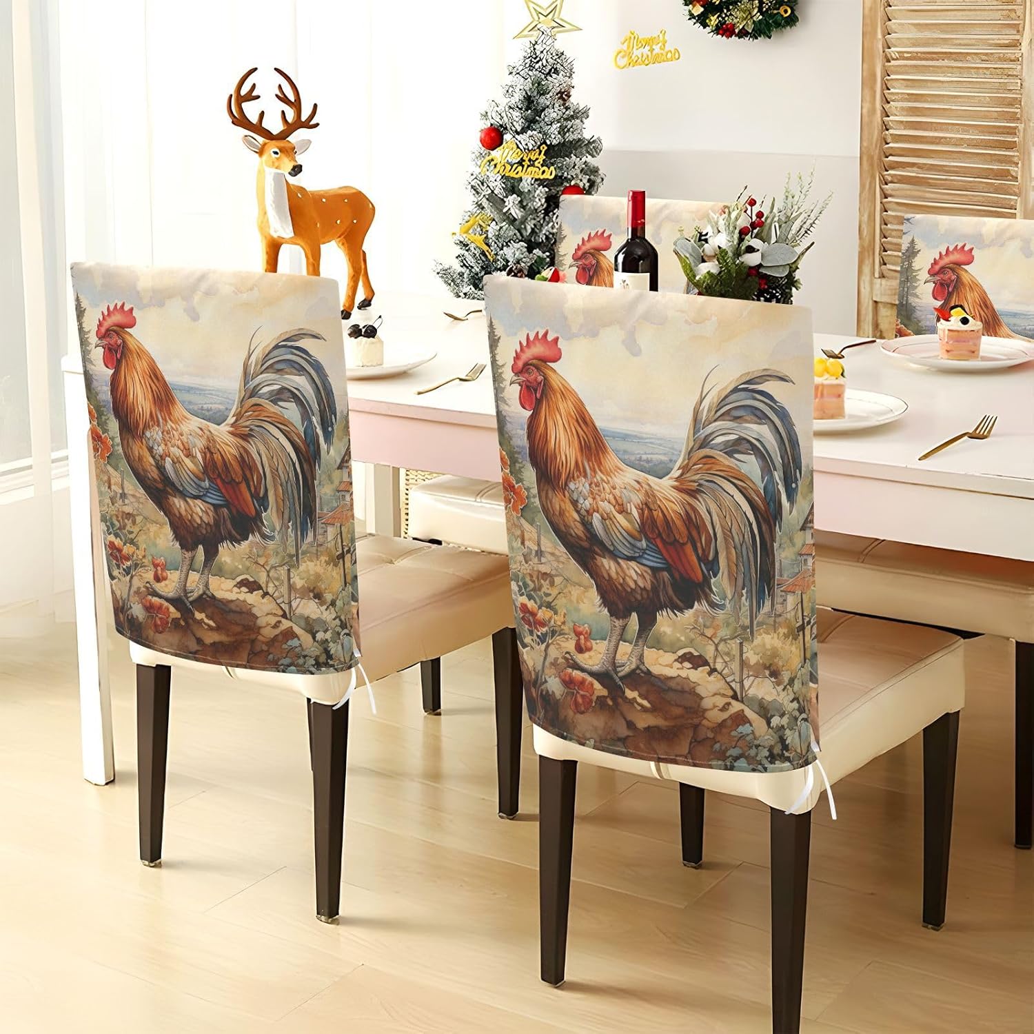 ALAZA Rooster and Flowers Chair Back Cover Set of 6, Washable Reusable Removable Chair Slipcovers Decorative Chair Cover for Home Kitchen Wedding Party