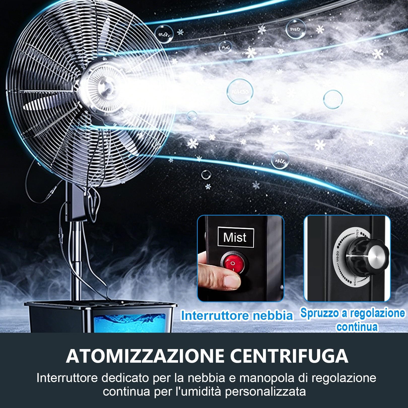 Ventilatore Nebulizzatore 42L, Alta Velocità Industriale con 3 Velocità e Regolazione Nebbia, Oscillazione 90°, Altezza Regolabile 160‑200cm, per Raffreddamento Esterno su Patio, Officina(71cm/28in)