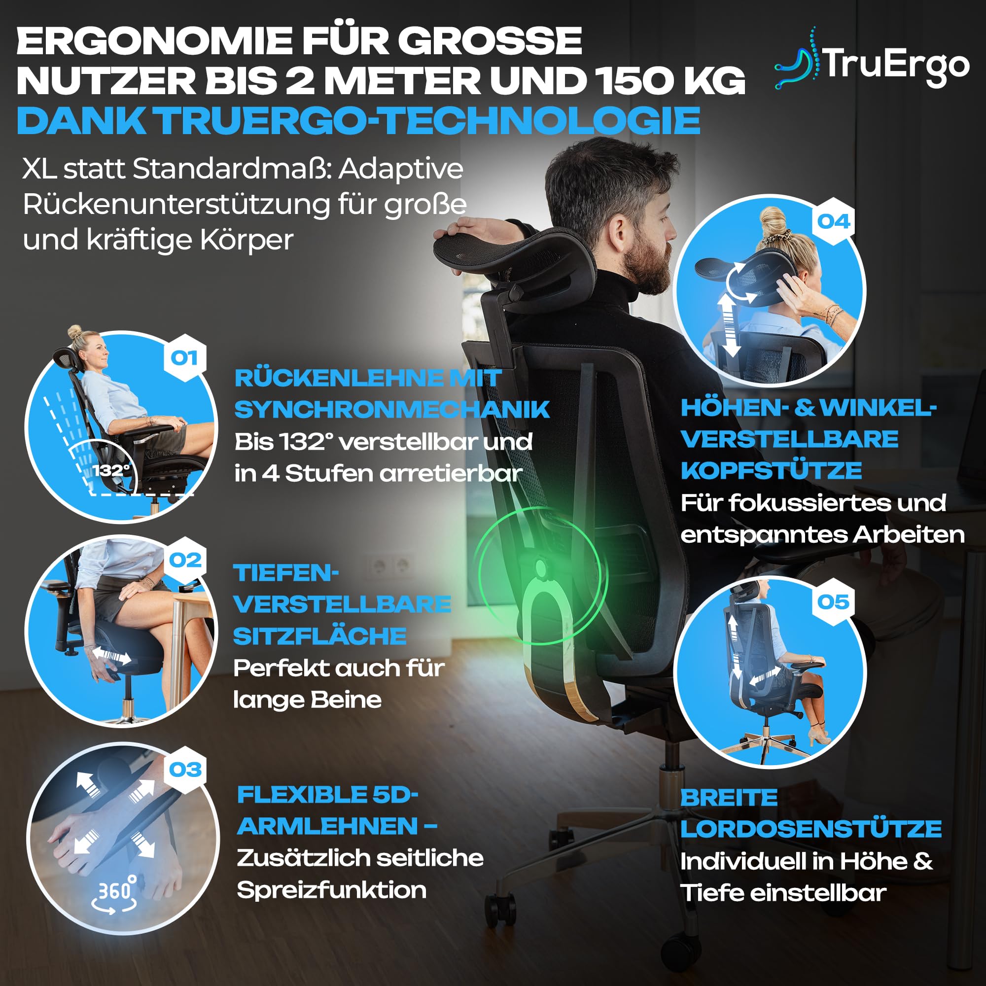 VALKENSTOL M8 Bürostuhl Ergonomisch Testsieger für Grosse Menschen, Breite Sitzfläche Schreibtischstuhl, Office Chair mit Lordosenstütze, Verstellbare Rückenlehne für Gesundes Sitzen Chefsessel 150kg