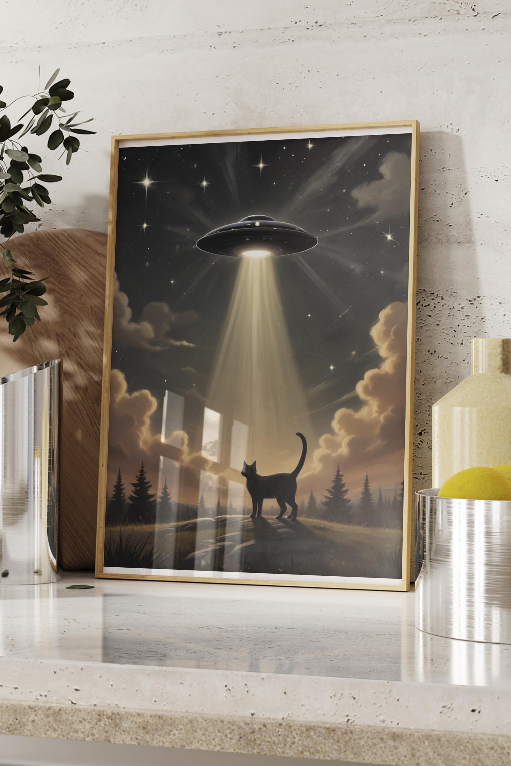 Zestia Ahşap Çerçeveli Tablo, Kedi ve UFO, Işık Hüzmesiyle Kaçırılma Teması Poster No: 107534 50 x 70