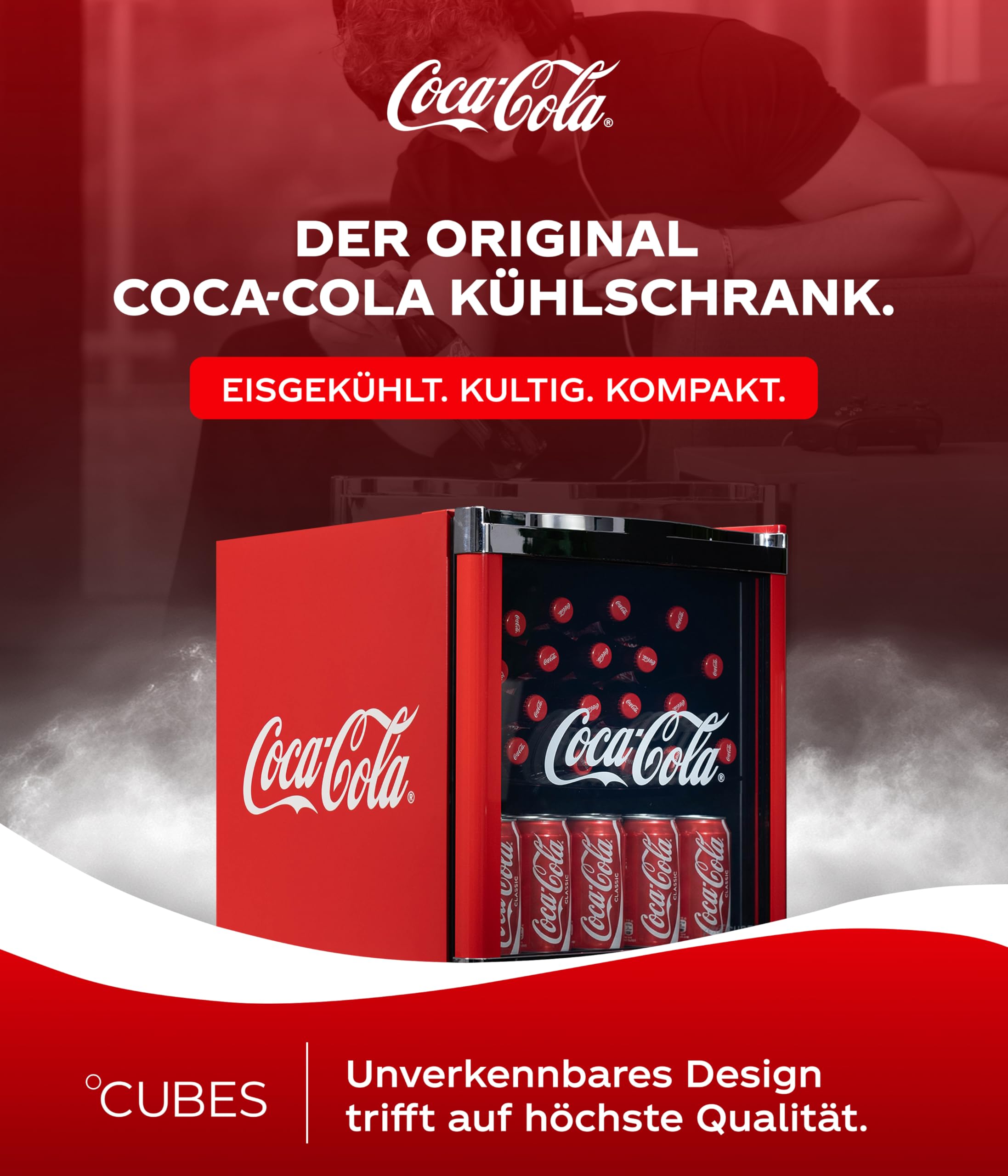 Coca-Cola Mini Kühlschrank Rot 48L Getränkekühlschrank mit Glastür leise energieeffizient