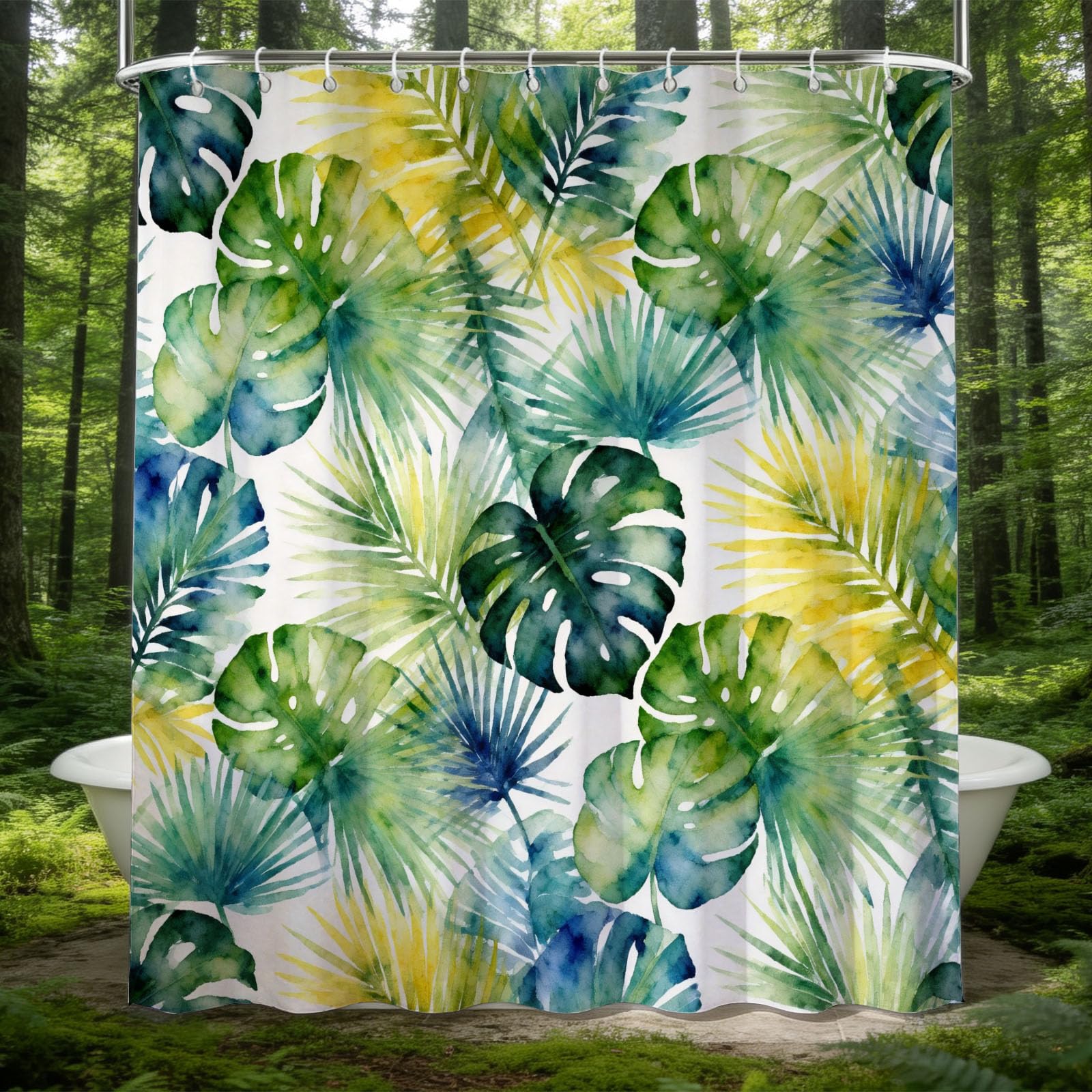 Hongduo White 3D Monstera Leaf Shower Curtain For Stalls Bathtubs Watercolor Leaf Bathroom Decor Shower Curtain Set Polyester Fabric Waterproof 200X200cm/79X79 Inch With Hooks