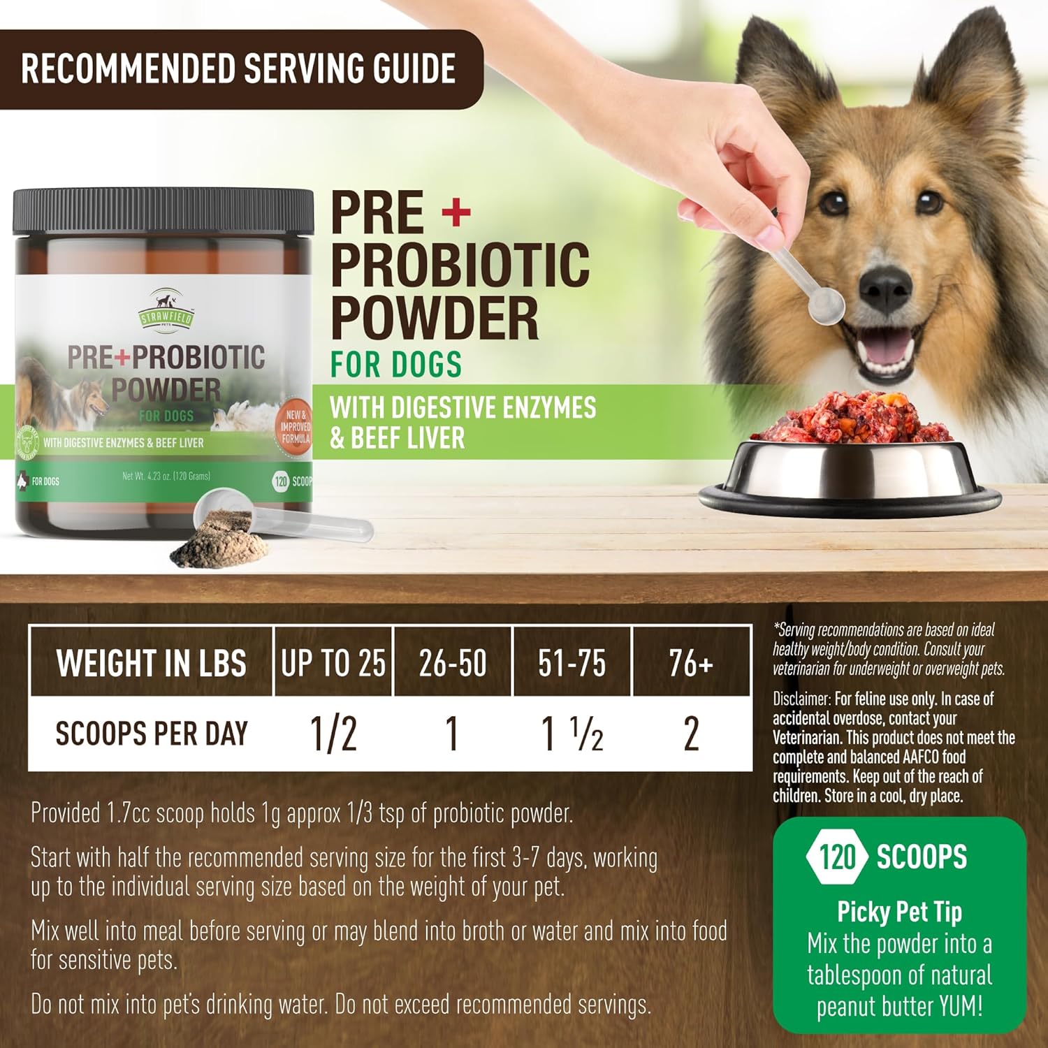 Strawfield Pets Pre + Probiotic Powder for Dogs with Digestive Enzymes Dog Probiotics for Yeast, Itchy Skin and Itchy Ears Natural Beef Liver Flavor 120 Scoops