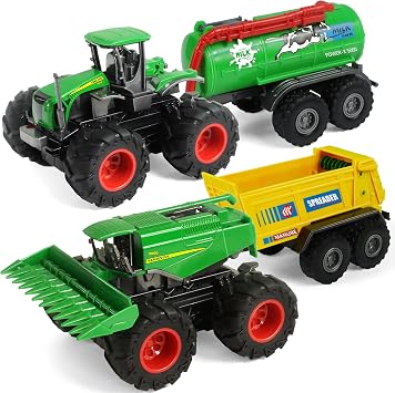 Combine Harvester Tractor with Trailers, 4PCS Farm Toys Set for Kids and Toddlers Aged 3-5, Die-cast Monster Spreader Trucks with Trailer for Boys Girls KidSet2