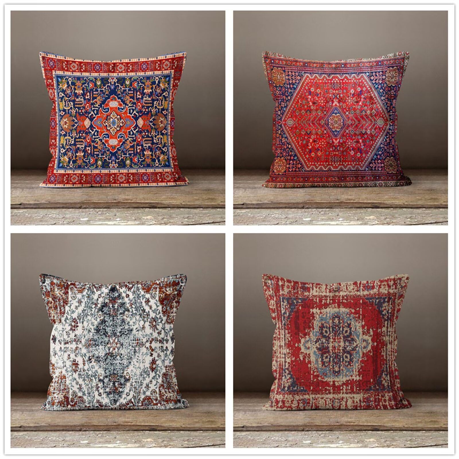 Heaen Outdoor Cushions Covers Waterproof 35x35 cm Set of 4 Square Linen Pillow Cases Red Brown Ethnic Style Decorative Dushions for Sofa Porch Patio Home Decor