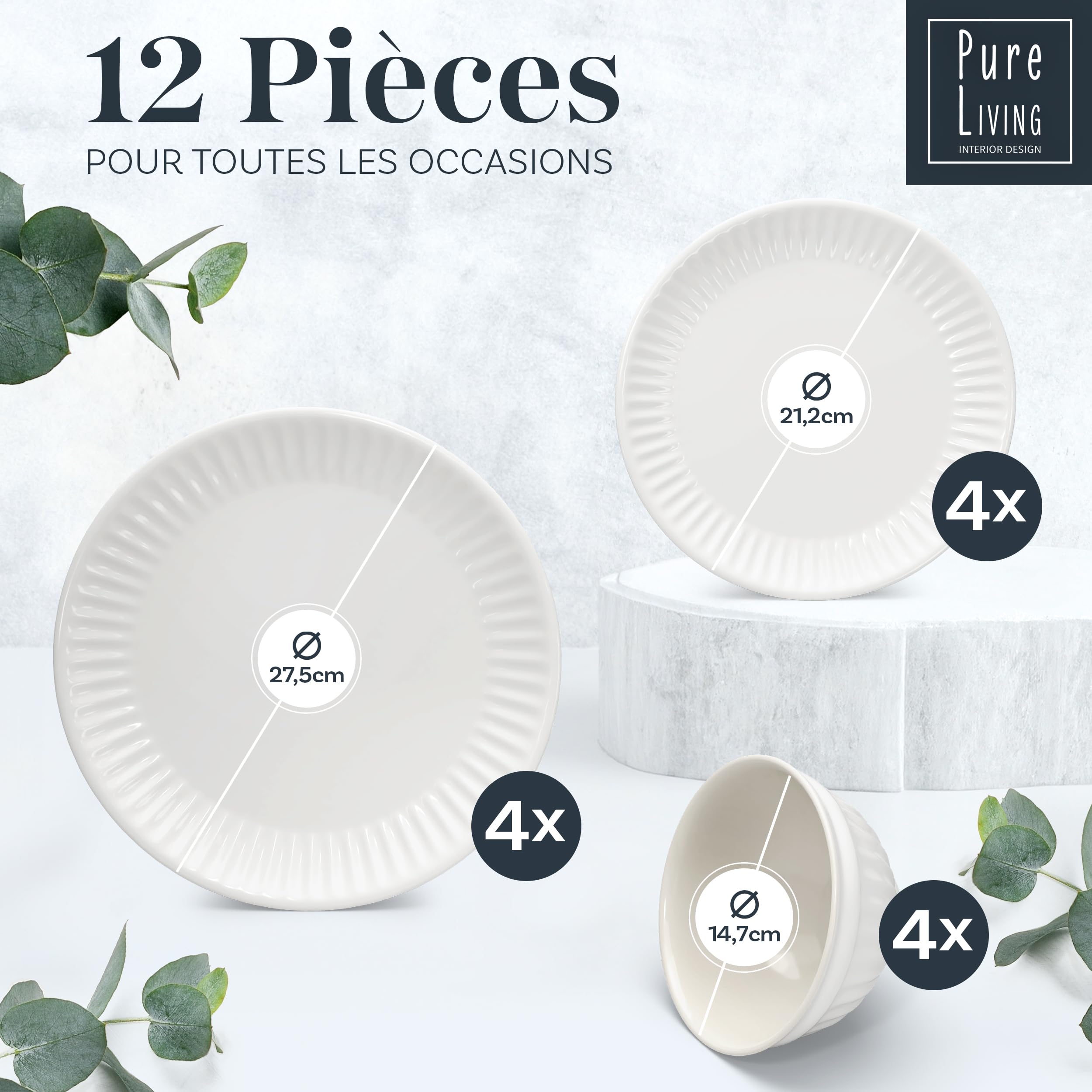 Hygge 12-częściowy zestaw naczyń z kamionki, zwycięzca testu, fantastyczny skandynawski zestaw naczyń z kamionki, zestaw misek i talerzy, serwis stołowy dla 4 osób, zestawy naczyń Pure Living w