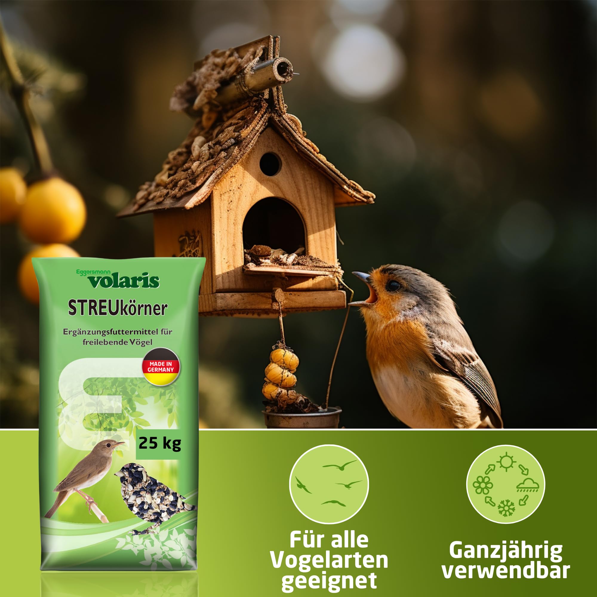 Eggersmann volaris Vogelfutter Wildvögel ganzjährig 25 kg [Streukörner] – Ganzjahresfutter für Gartenvögel – Streufutter für alle Vogelarten – Wildvogelfutter ganzjährig & nährstoffreich