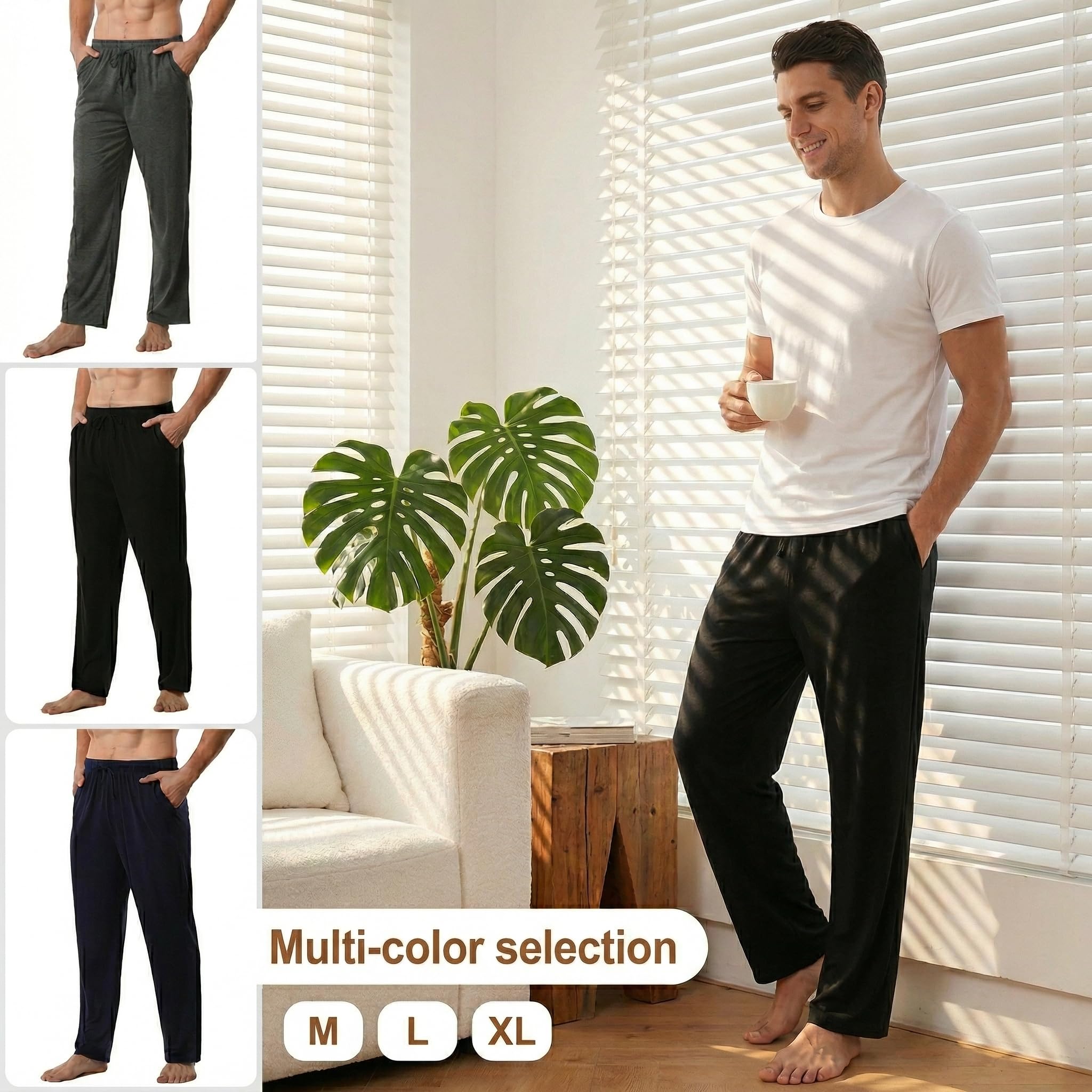 YUSHOW Lot de 2 Bas de Pyjama Homme en Maille Fluide, Pantalon d'Intérieur Élastique avec Poches pour Loungewear et Nuit,