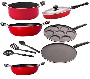 Nirlon Non-Stick Kitchen Essential cookware Set with Bakelite Handle-9 Pieces [26_FP13_KD12_KD13_UP_Cass20_ST11_3SPN]