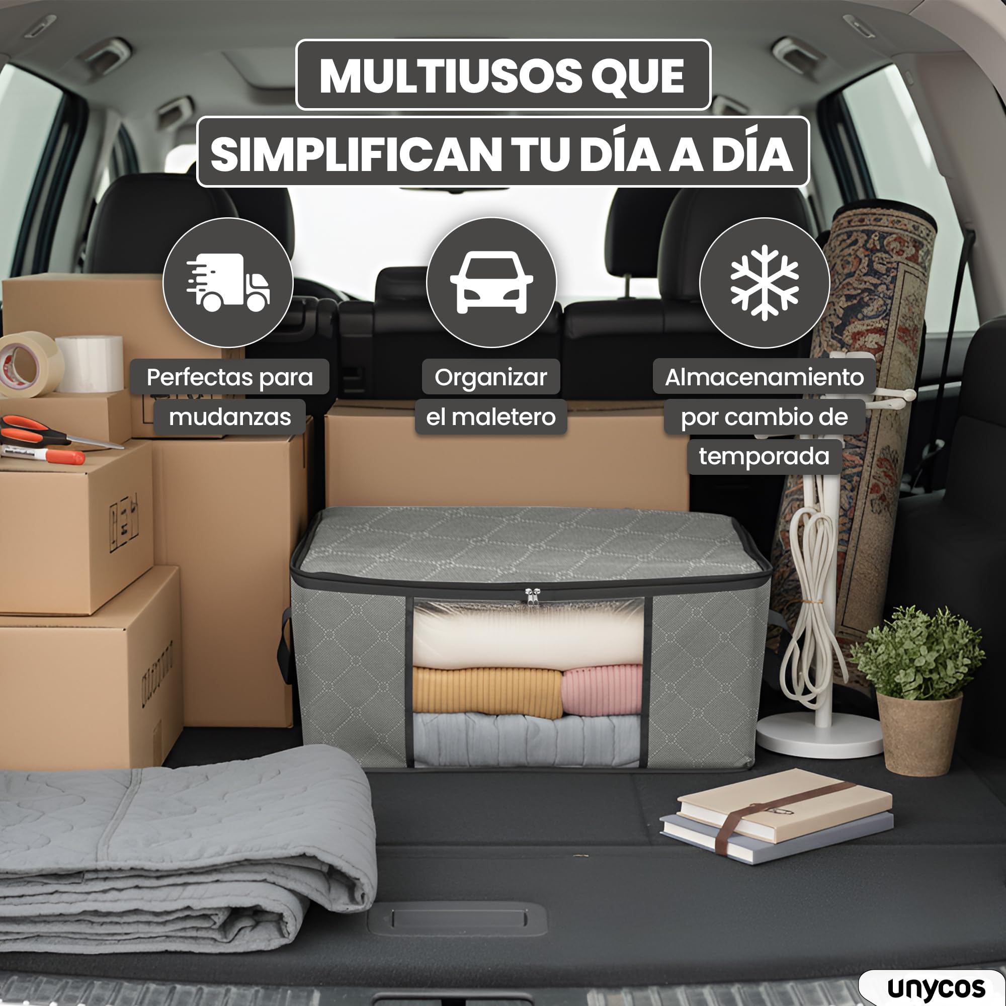 unycos - Cajas para Almacenaje de Ropa x 6【35L】 Bolsas Plegables con Ventana Transparente, Doble Cremallera y Asas Reforzadas, Organizador de Toallas, Edredones, Juguetes | Hasta 10 kg (Grey/Black)