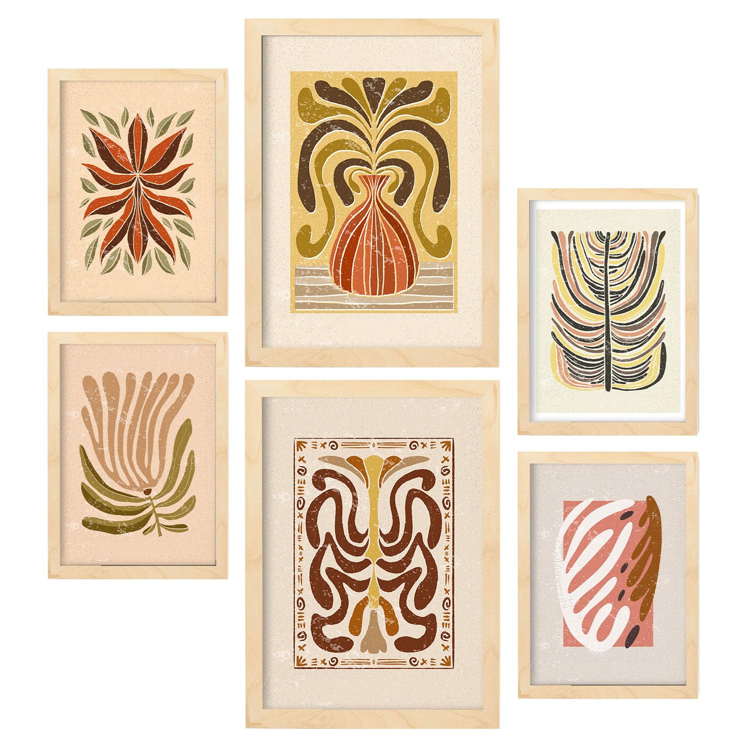 Nacnic Set de 6 Laminas de tallos de estilo étnico. Cuadros decorativos estéticos para su sala de estar, dormitorio, hogar. Impresión de arte de pared. Tamaños A4 y A3 con marcos de madera ligera
