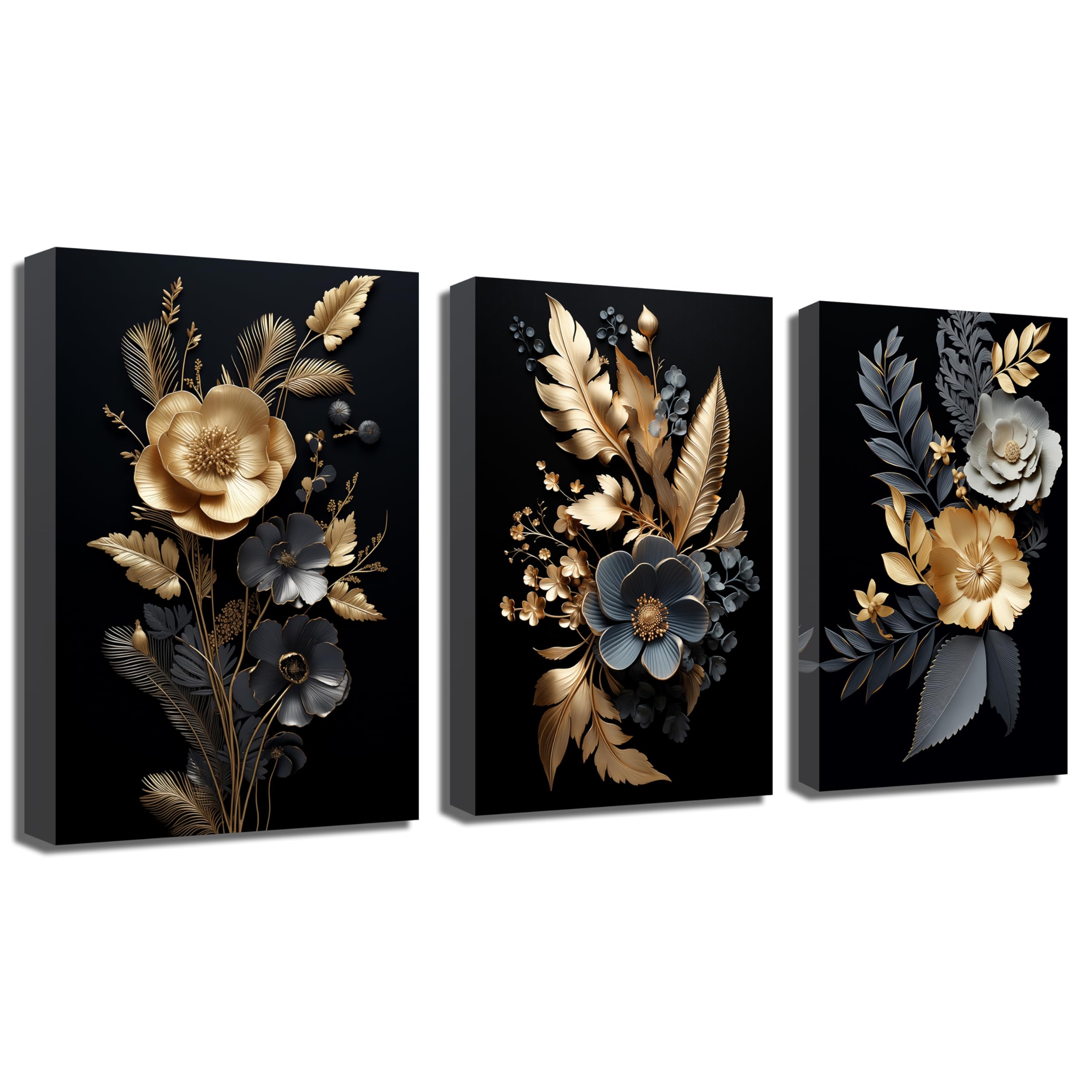 Amazon.com: QIXIANG Black Golden Flower Canvas Wall Art 3 Pieces ...