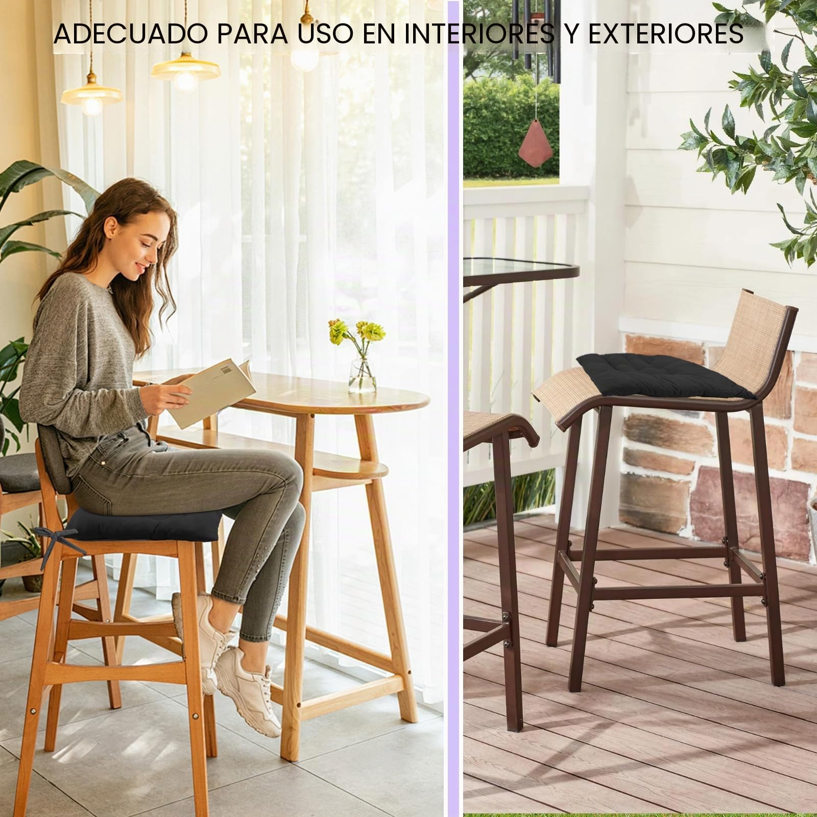 Juego de 4 cojines para silla, 36 x 36 cm, para exteriores, con lazos, para interior y exterior, color negro
