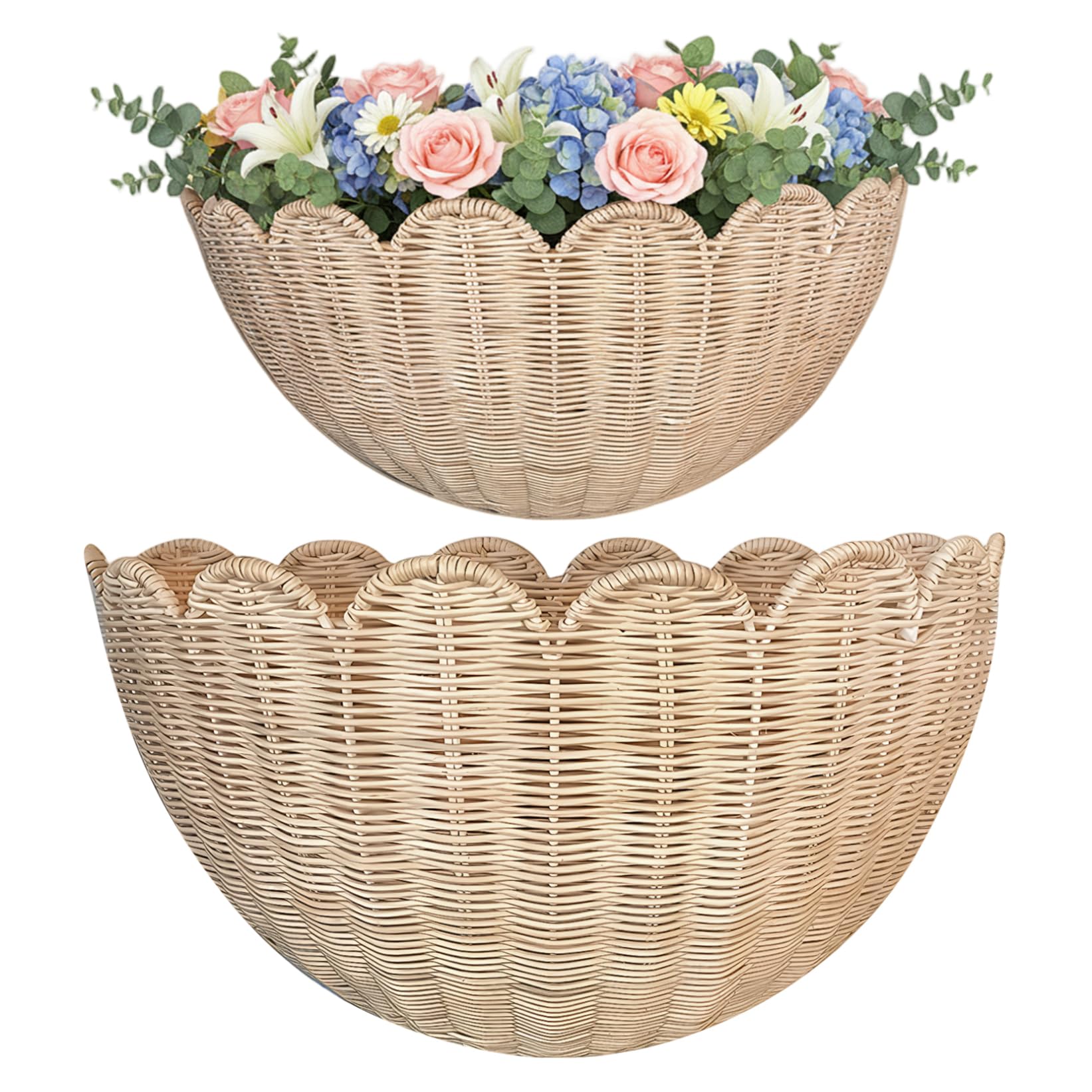Ameble Beige 2 Pack Wall Basket Decor Hand Woven Boho Scalloped Wall Basket Haning Rattan Storage & Decor For Home Bathroom Kitchen Living Room 2 Size