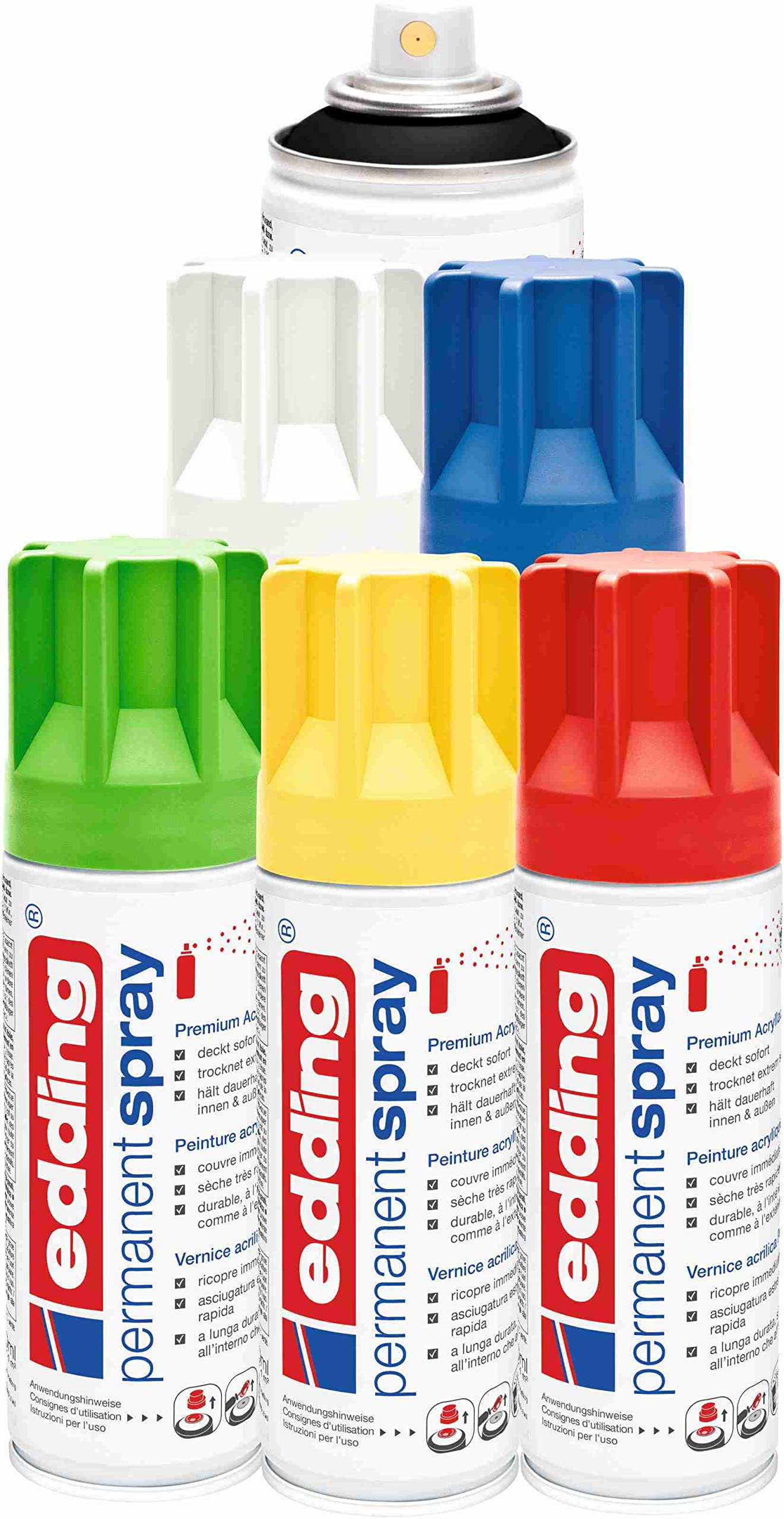 Sprühdosen Set Edding Grundfarben Premium Spray - matt - Sprühlack für Dekor-Arbeiten, trocknet sehr schnell, hält dauerhaft auf Glas, Metall, Holz, Beton