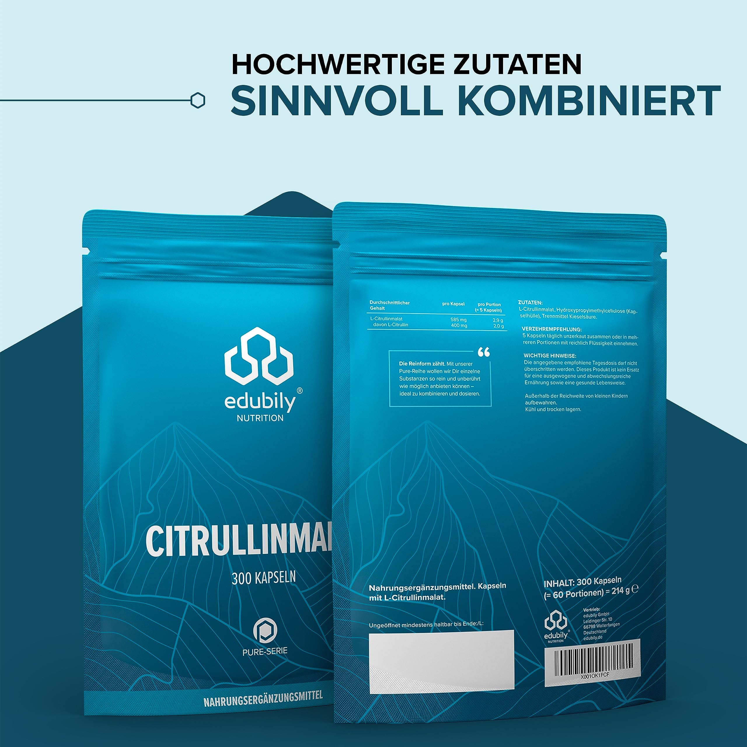 edubily® Citrullin Malat Kapseln - Pre-Workout Supplement - 2,9 g reines L-Citrullinmalat pro Kapsel - ohne Koffein (300 Kapseln)