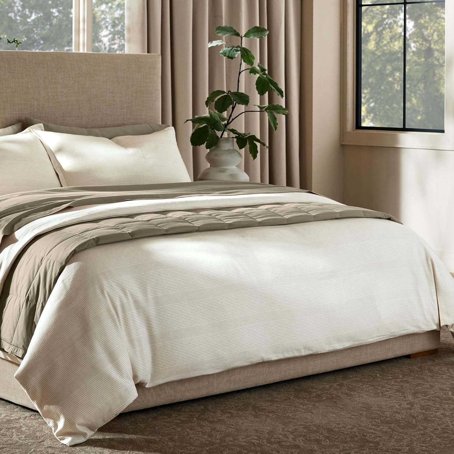 BOLL & BRANCH Flannel Fine Line Stripe Duvet Set - King/Cal King, Cream/Oak - Luxury 100% Organic Cotton - 1 Duvet Cover, 2 Shams - Velvety Soft, Warm & Breathable Weave