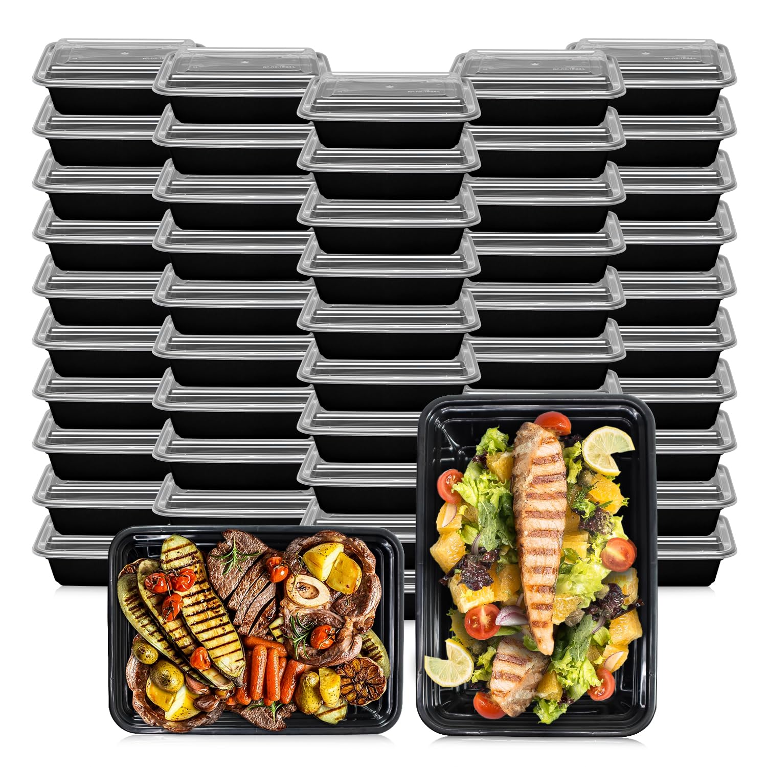 Klex Recipientes de preparación de comidas con tapas herméticas, sin BPA, recipiente de plástico reutilizable para alimentos, 38 onzas, rectangular, negro/transparente, 50 juegos
