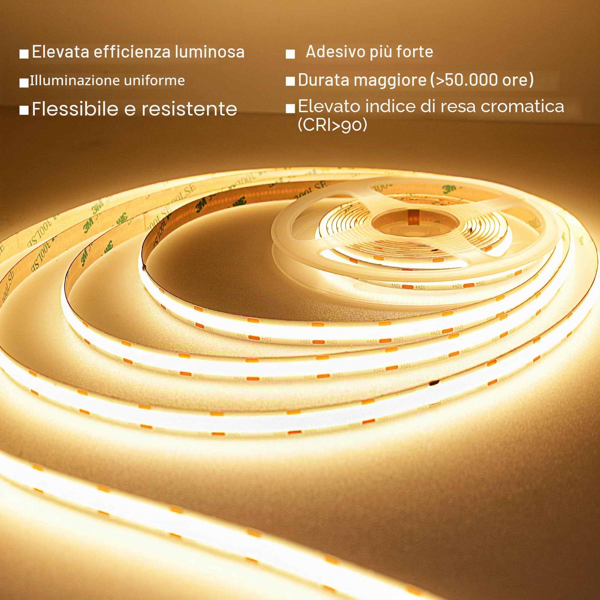 TTWAY Striscia LED COB 5 metri, 3000K Striscia LED Dimmerabile 24V, CRI93 +, larghezza 8mm, con Telecomando e alimentazione, per la decorazione domestica, cucina, specchio