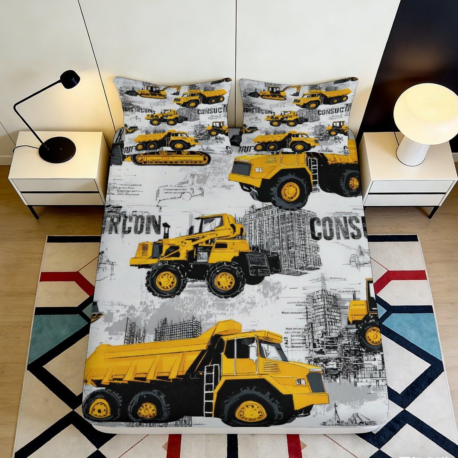 3D Printed Construction Truck Fitted Sheet Microfiber Yellow Vehicle Bed Cover for Bedroom Kids Guest Room Decor 90x200x25cm