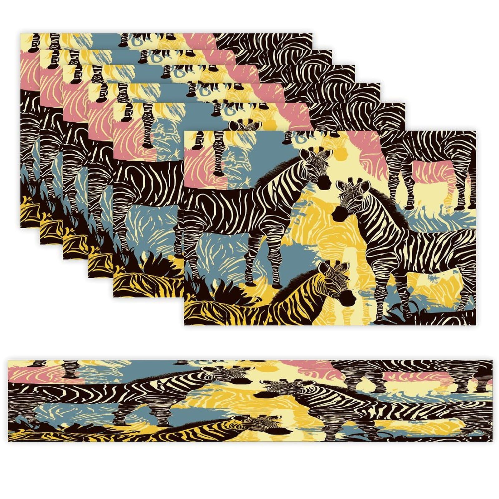 Giraffe and Zebra Table Runner and Placemats Set of 6 for Kitchen Washable Table Mats Heat Resistant Place Mats Non-Slip Place Mat Wipeable Placemat(6 Placemats+1 Table Runner)