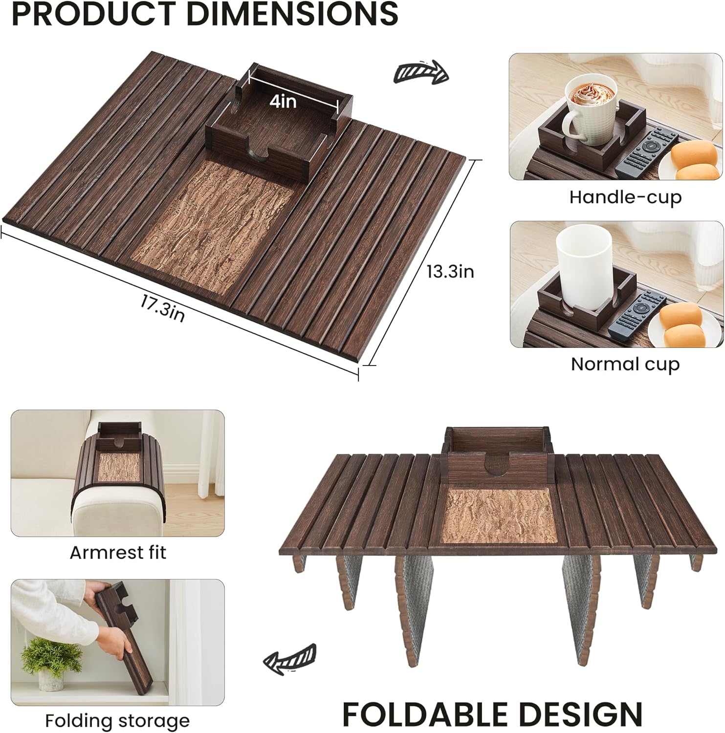 LOVYANXUE Bamboo Sofa Arm Tray Table, Foldable Couch Cup Holder, Anti-Slip Wide Couch Arm Tray Aremrest Table for Drink, Cup, Remote, Snacks, Cellphone, Portable, Brown
