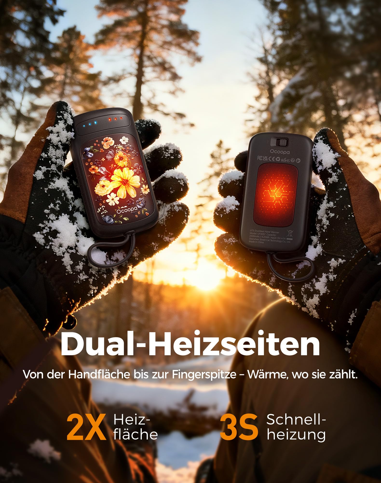OCOOPA Handwärmer Elektrisch, Beidseitige Erwärmung, 2s Sofortwärme, 8 Std. Laufzeit, 67g leicht, Wiederverwendbar Taschenwärmer für Camping, Jagen, Pendeln, Geschenke für Männer, UT5 DuoHeat