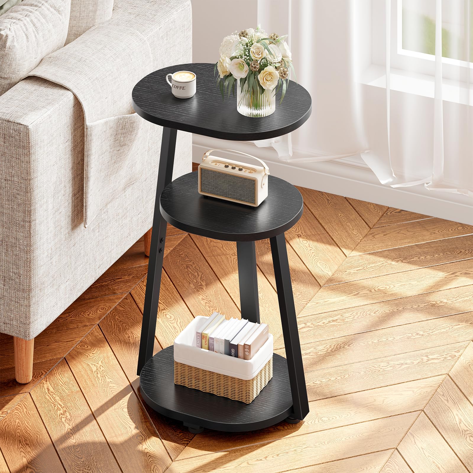 Kalrin Side Table, Small End Table with Metal Frame, 3-Tier Bedside Tables, Round Side Tables for Living Room Bedroom Couch Bathroom, Oval, Pure Black